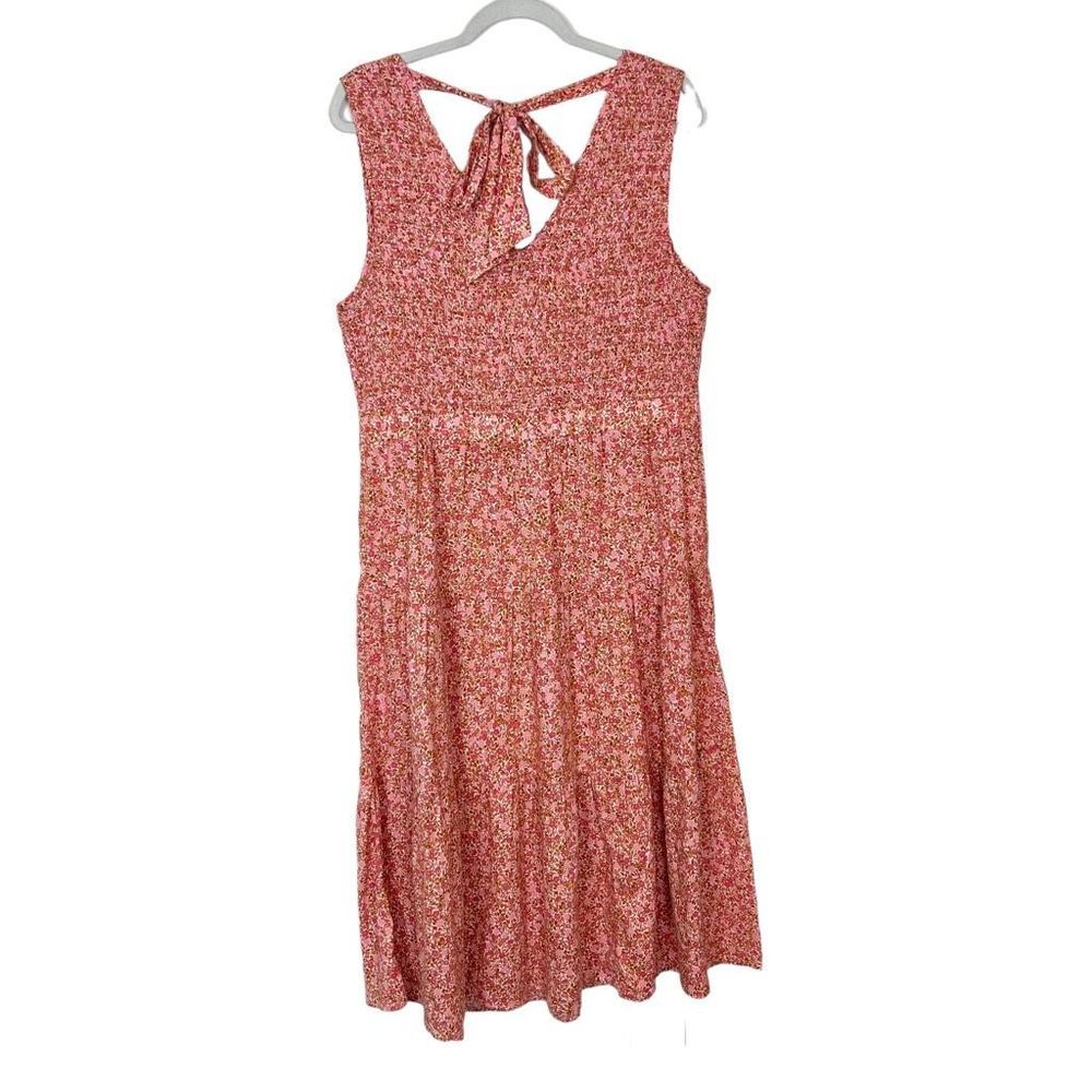 Wonderly Maxi Dress Women's XL Pink Red Cotton Floral Midi Smocked Tie Back Boho - Picture 3 of 13